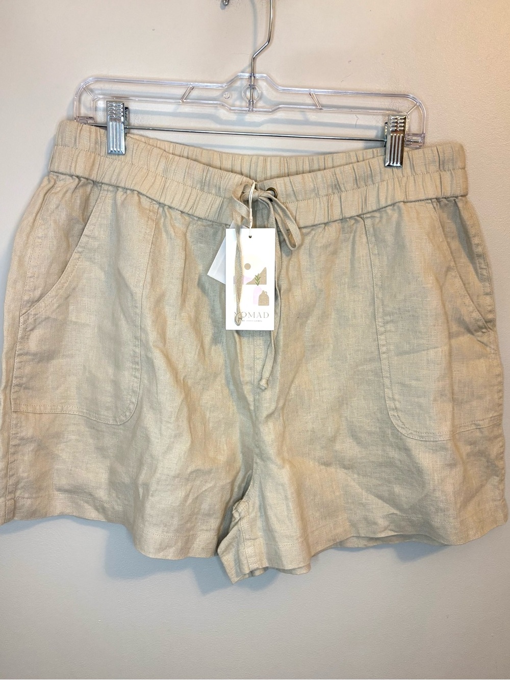 Nomad The Label 100% Linen Drawstring Shorts Oatmeal Size L NWT